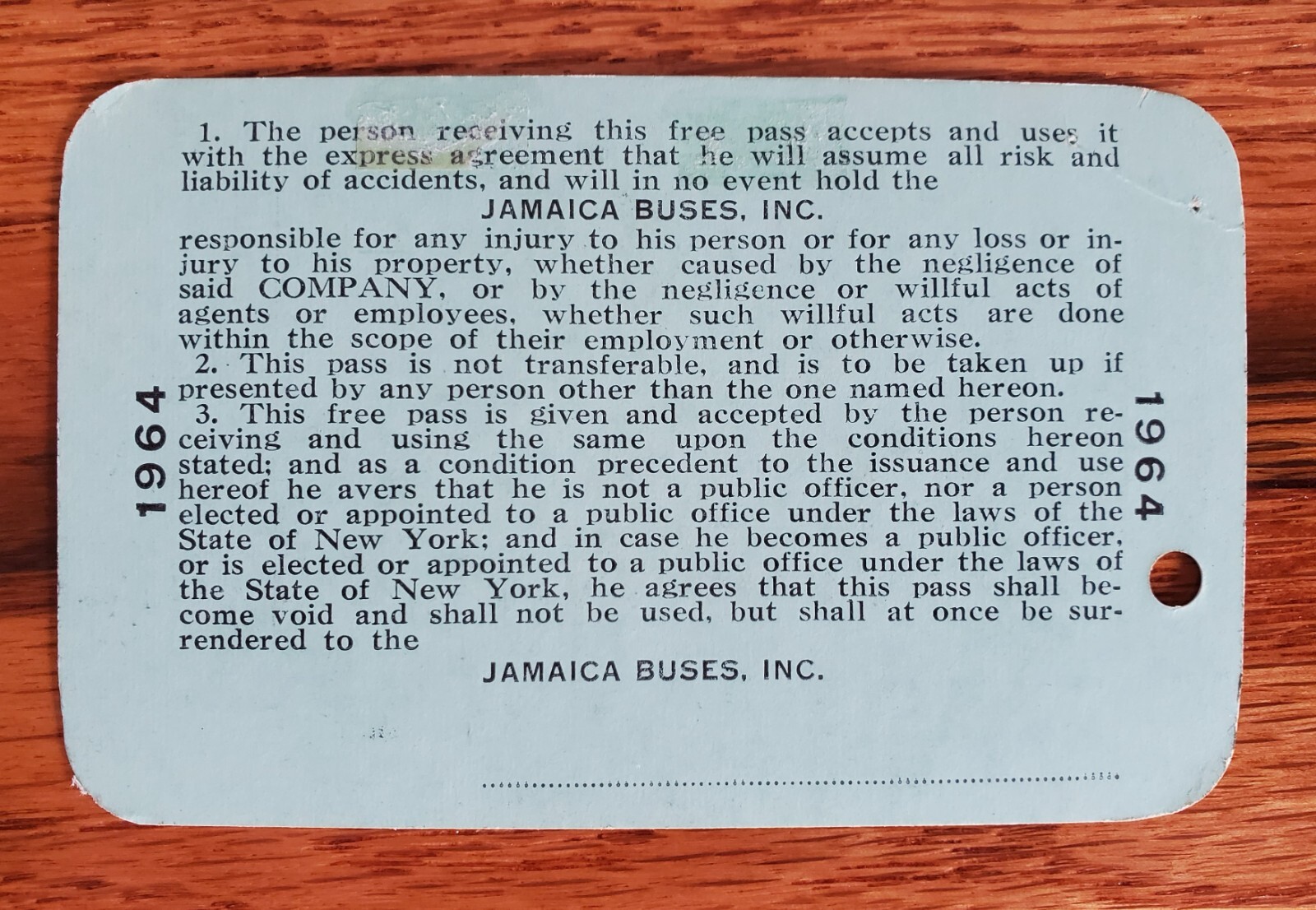 1964 JAMAICA BUSES INC FREE BUS PASS #798 QUEENS NY TICKET TRANSFER