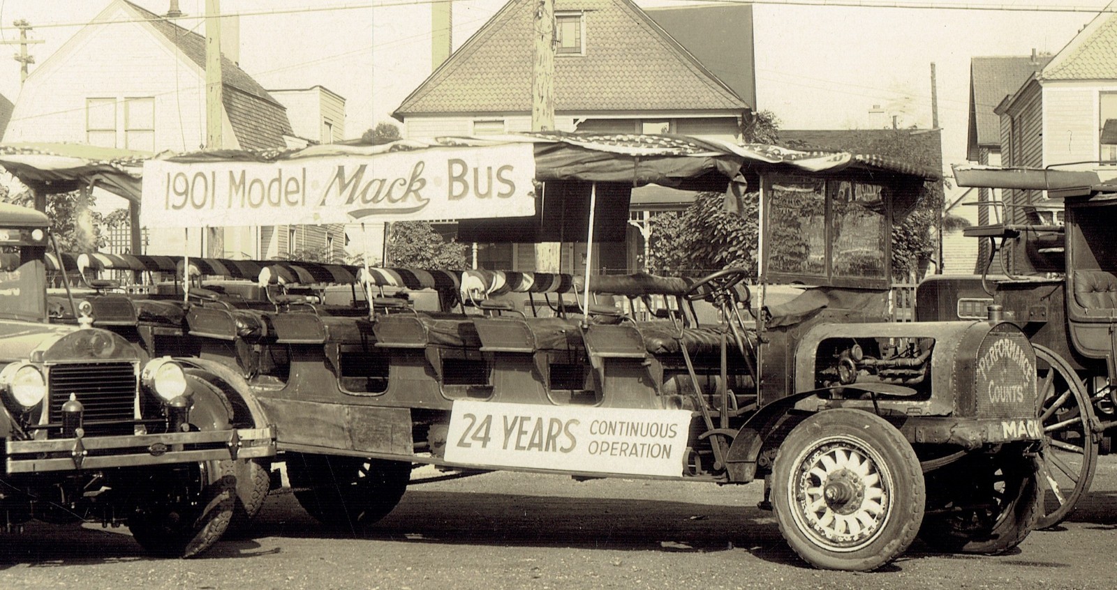 Historic 1925 8×10: 1901 Mack Bus & new model w/ Lang Body & 1890 Lang Coach