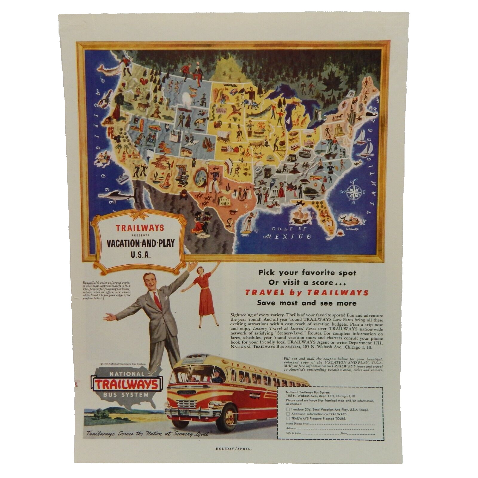 TRAILWAYS BUS SYSTEM VACATION AND PLAY U.S.A. 1949 ADVERTISEMENT