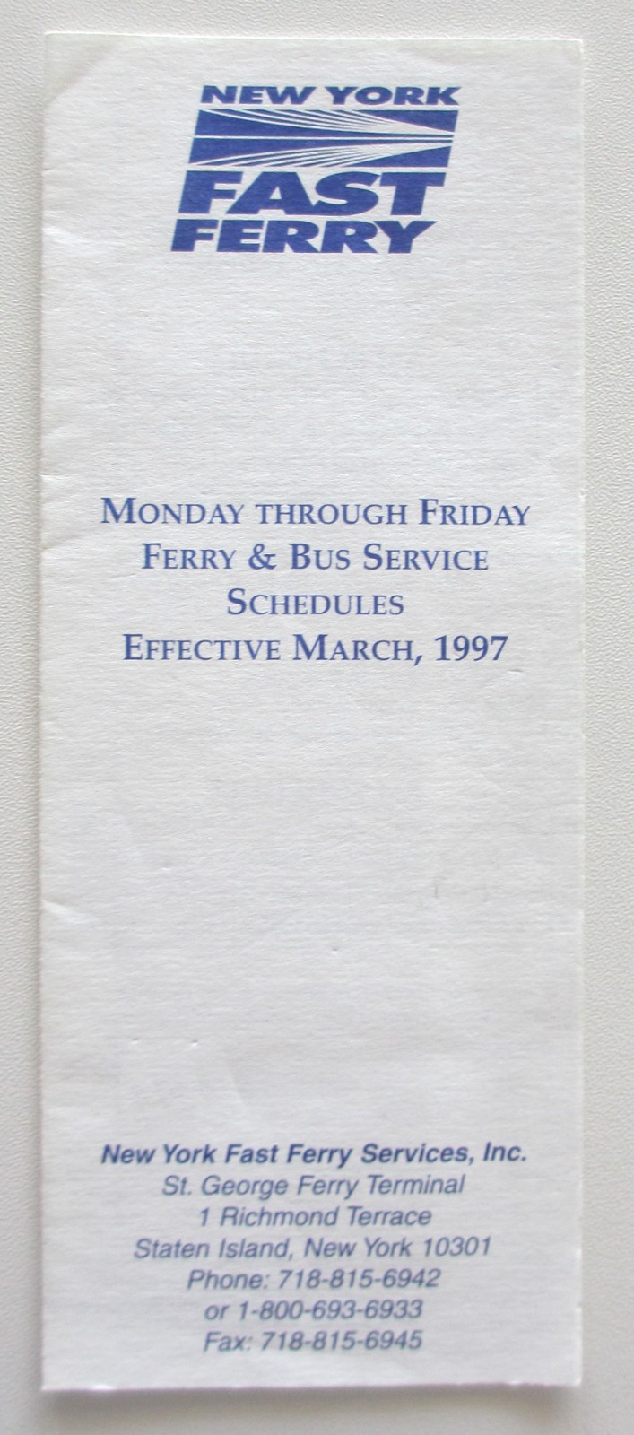 Vintage March 1997 New York Fast Ferry & Bus Schedule Timetable Manhattan NYC