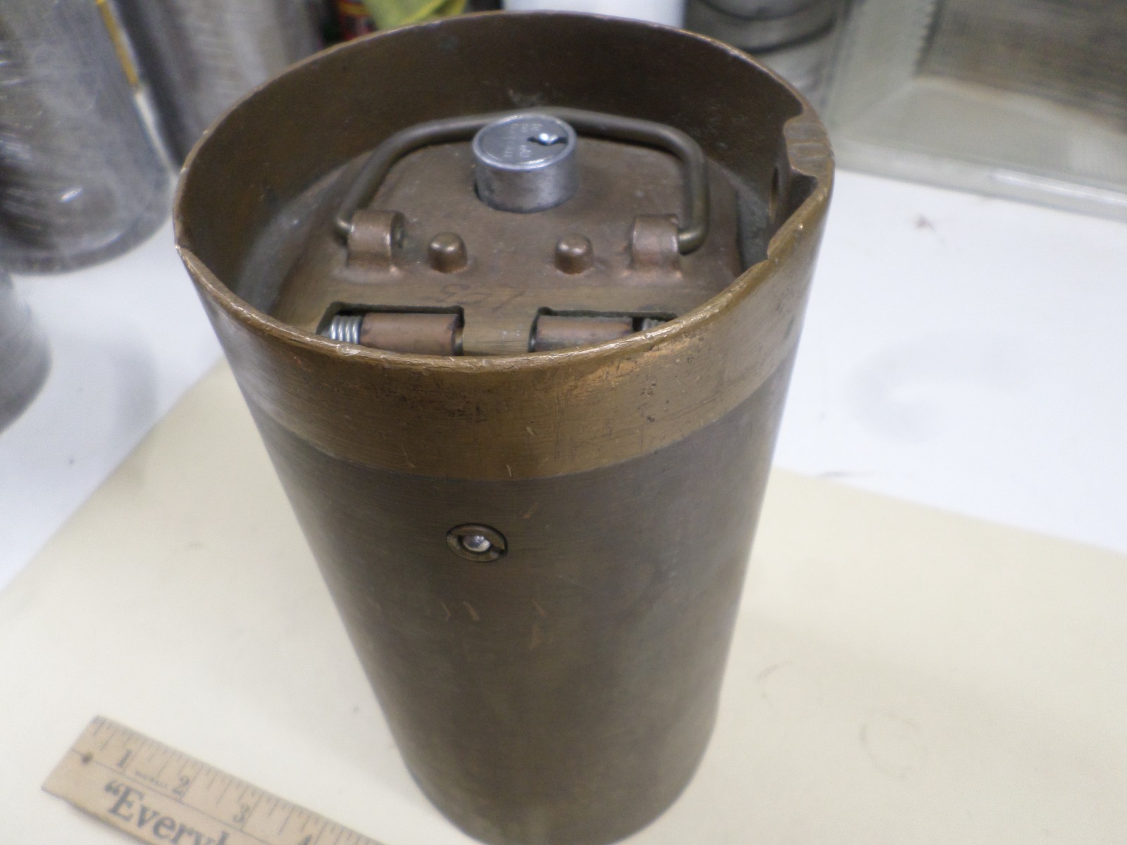 Vintage Diamond Mfg Brass Fare Box Money Vault Cylindrical 9″ X 4-3/4″ #97 DART