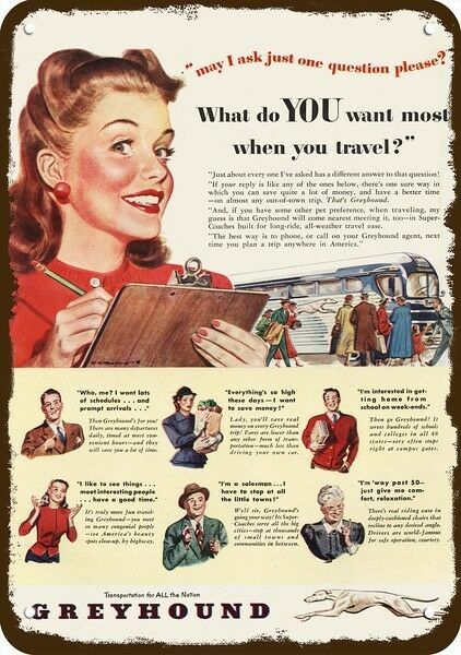 1948 GREYHOUND BUS Vintage Look REPLICA METAL SIGN – WOMAN – SURVEY – TRAVEL