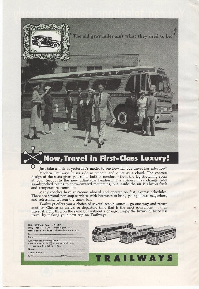 Trailways Buses Travel in First Class Luxury Modern 1957 Vintage Ad