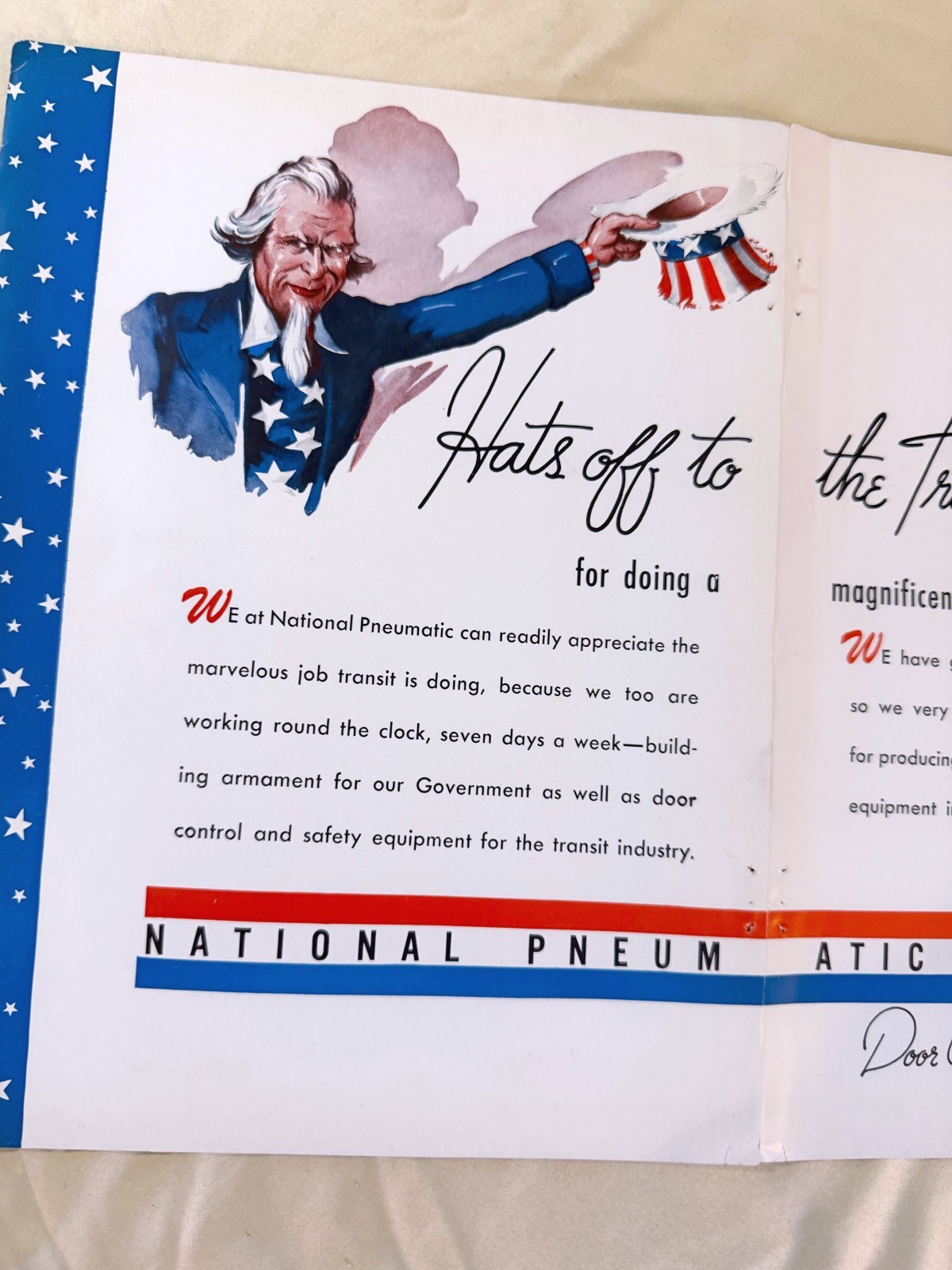 1940s NATIONAL PNEUMATIC Co WWII Ad Door Control Transit Industry War uncle sam