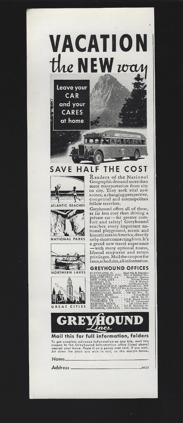 1935 Greyhound Bus Leave Your Car And Your Cares At Home Print Ad 3 x 10 inch