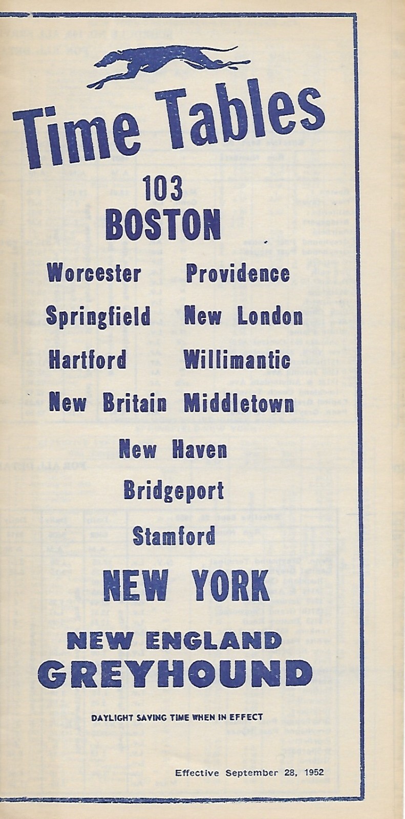 Bus Timetable – New England Greyhound – 102 103 – 2 items – Boston – 1952/54