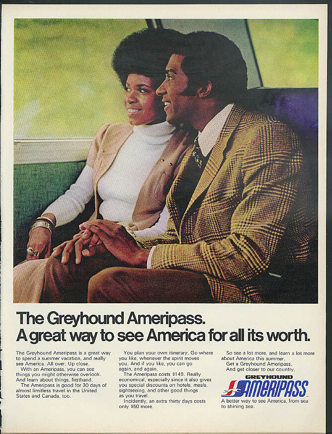Greyhound Bus Ameripass Great way to see America ad 1973 black couple
