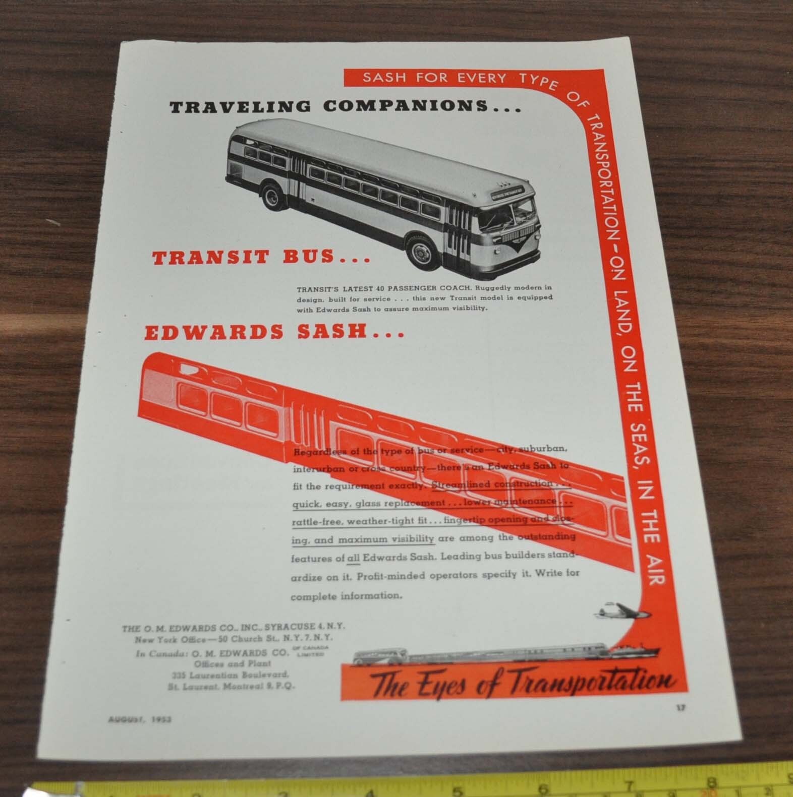 1953 Transit Bus Checker Cab Ford Coach Ad Magazine Edwards Sash