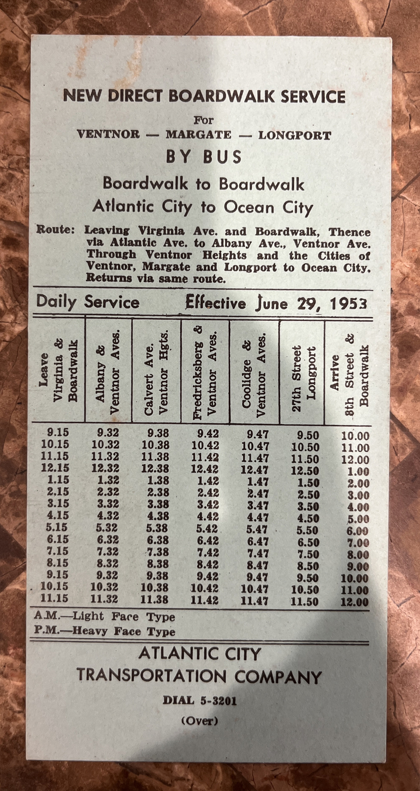 June 29, 1953 Atlantic City Transportation Company Boardwalk Bus Schedule