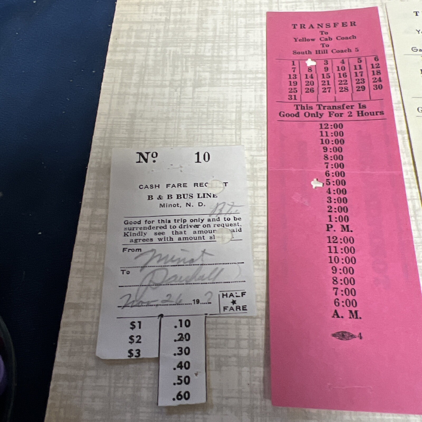 6 BUS TICKETS & YELLOW CAB FROM NORTH DAKOTA B& B BUS LINE MINOT MOTOR COACH