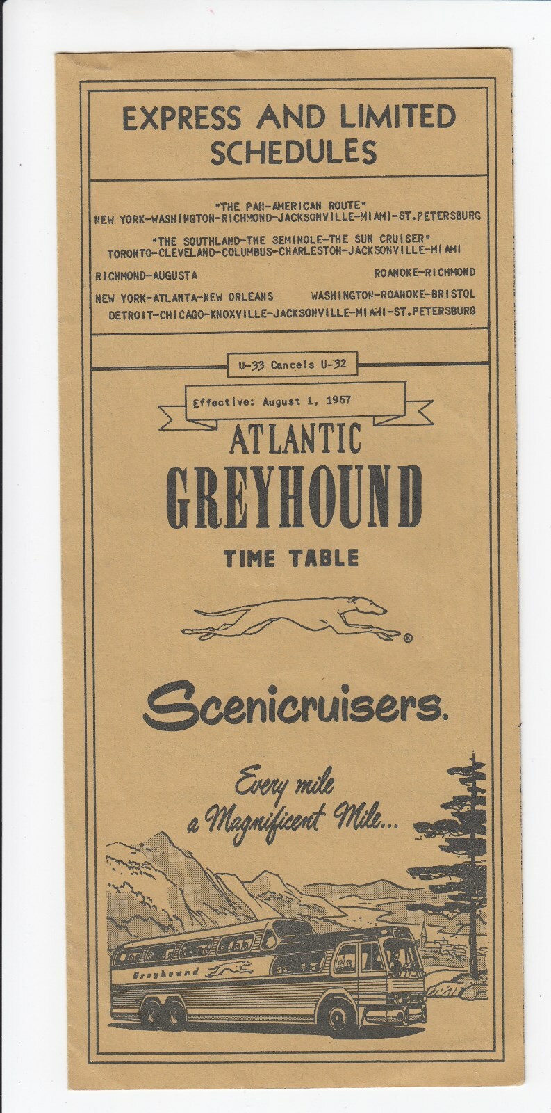 1957 Atlantic Greyhound Time Table Scenicruisers U-33