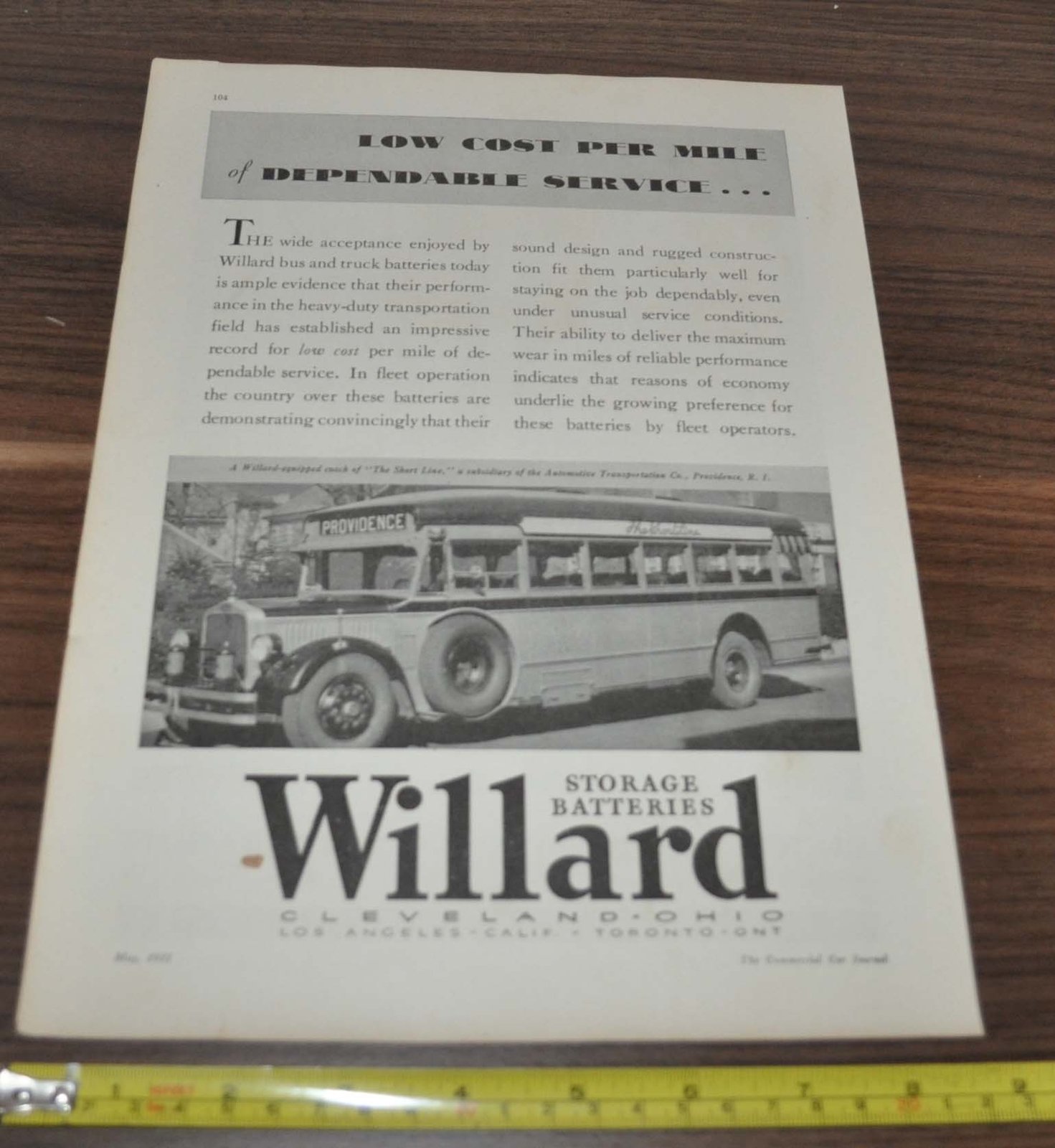 1931 Willard Storage Batteries White Coach Bus Ad Short Line Providence Bosch