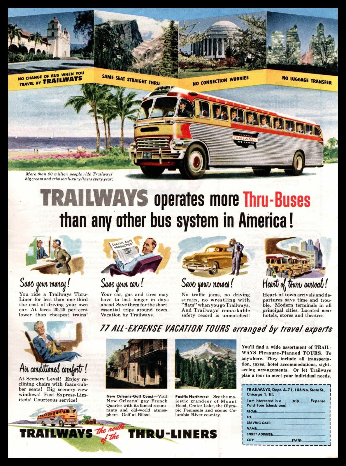 1951 Trailways Coach Thru-Liner Bus Lines Tours Chicago IL Thru-Buses Print Ad