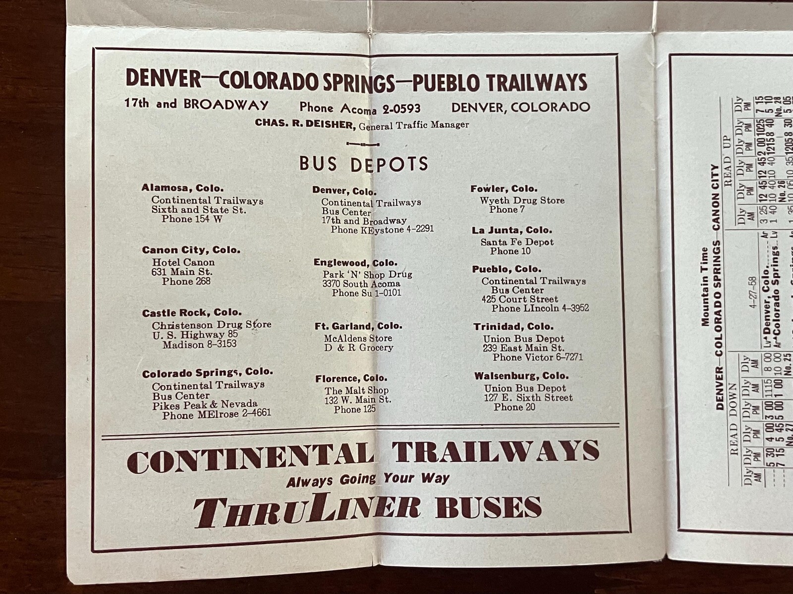 1958 Continental Trailways Bus Schedule Pueblo Colorado Springs Denver Transport