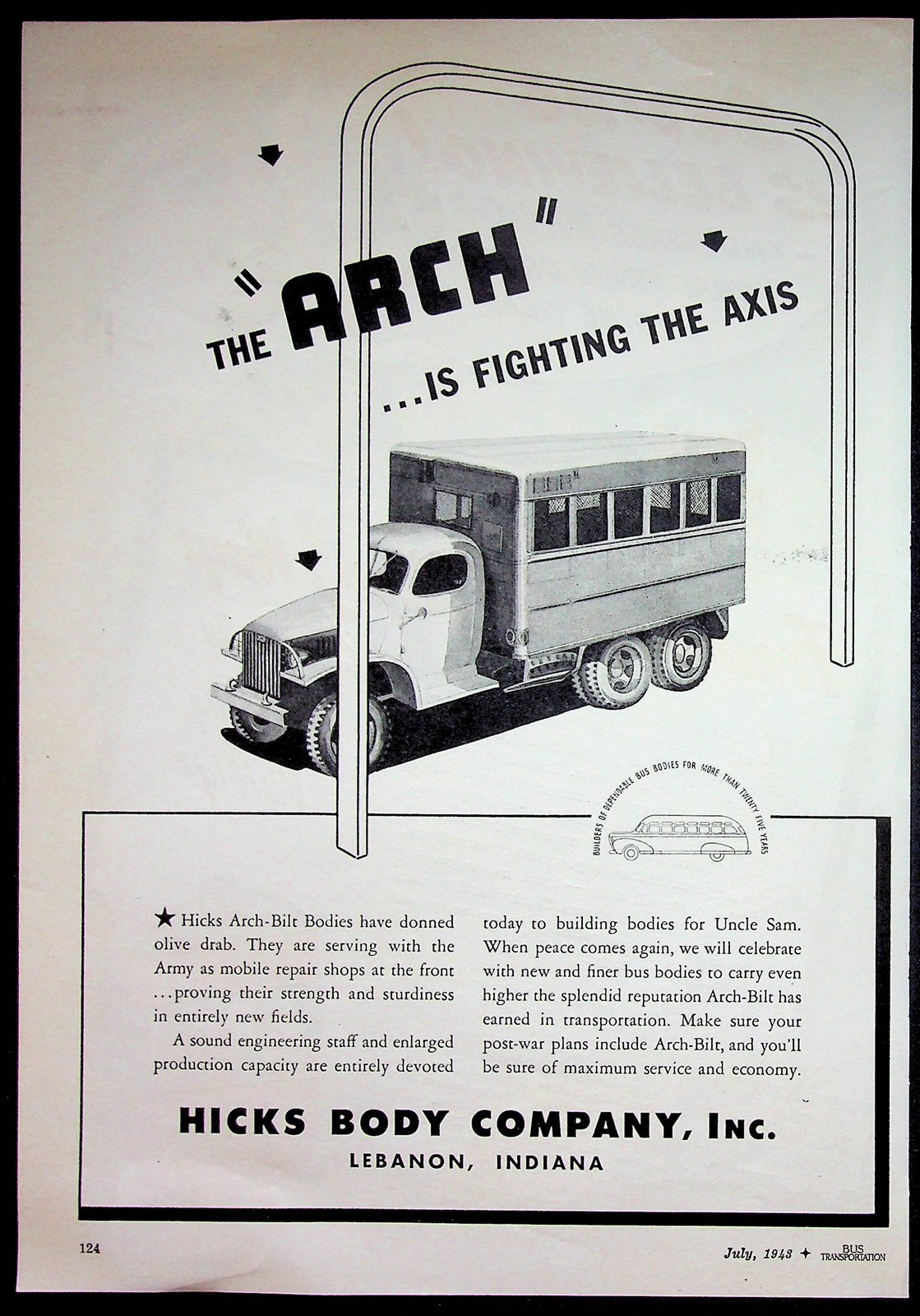 Hicks Body Company Lebanon Indiana 1943 WWII Bus Ad The Arch Fighting The Axis