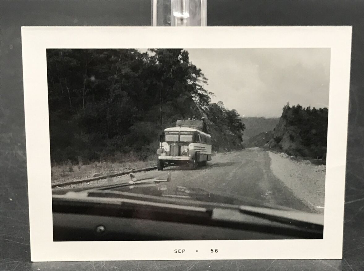 Vintage 1956 Travel Bus Men Sitting on Roof in Mexico Photograph