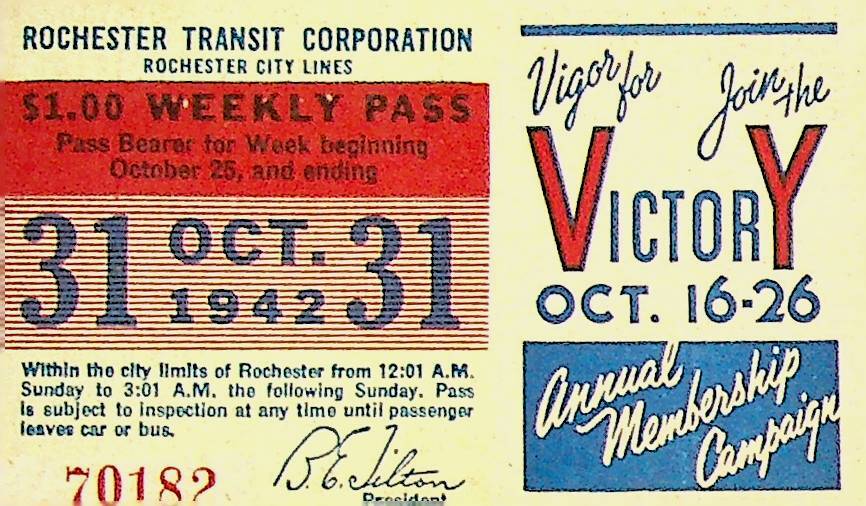 Rochester City Trolley & Bus Lines Pass October 31 1942 Victory Campaign WWII