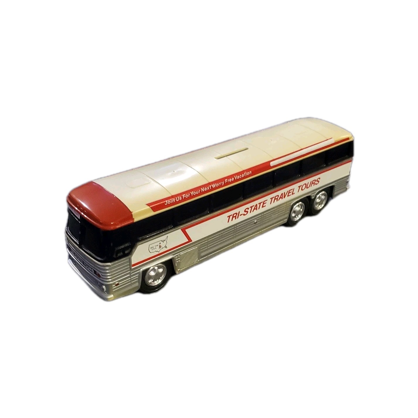 70s Jimson Tri State Travel Tours Americruiser Plastic Coin Bank Toy Bus No. 340