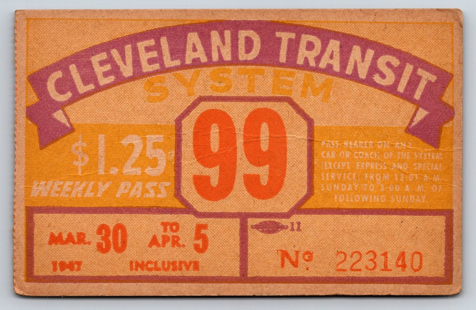 Cleveland Transit System 1947 Weekly Pass Cleveland Ohio Vintage (#45)