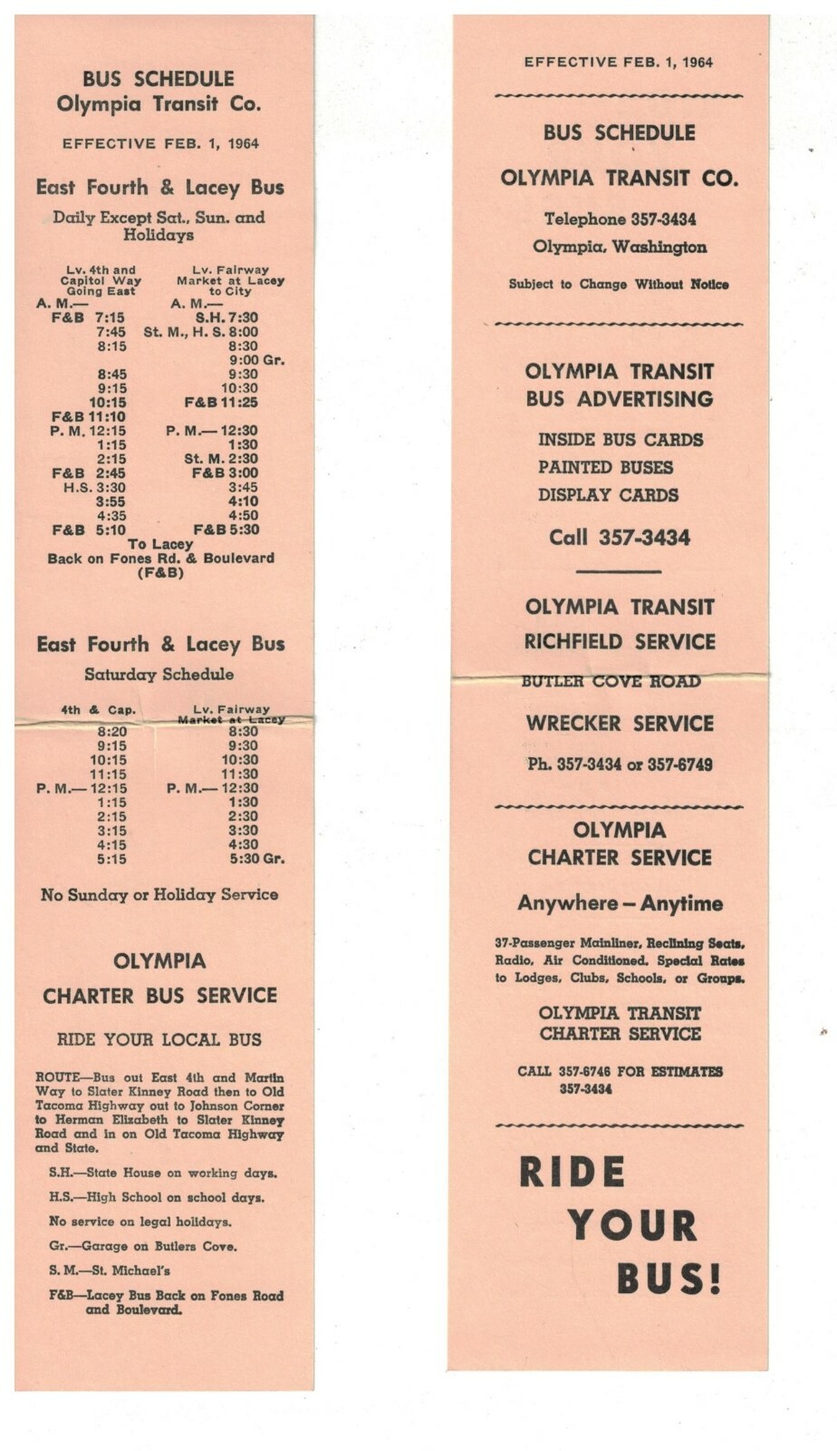1964 Olympia WA Bus Schedule 2 items
