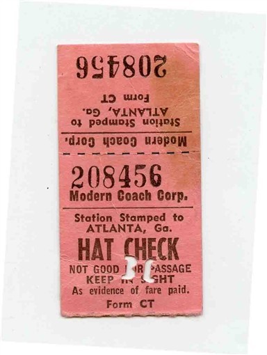 Modern Trailways Hat Check Albany Georgia to Atlanta Georgia 1953