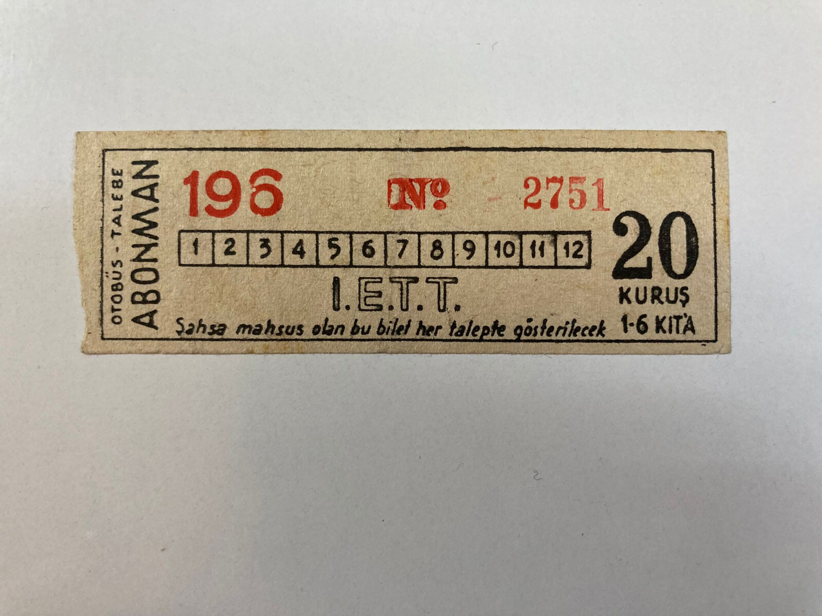 1 Piece Turkey 40’s Bus Ticket RARE! Turkish Transportation Ephemera