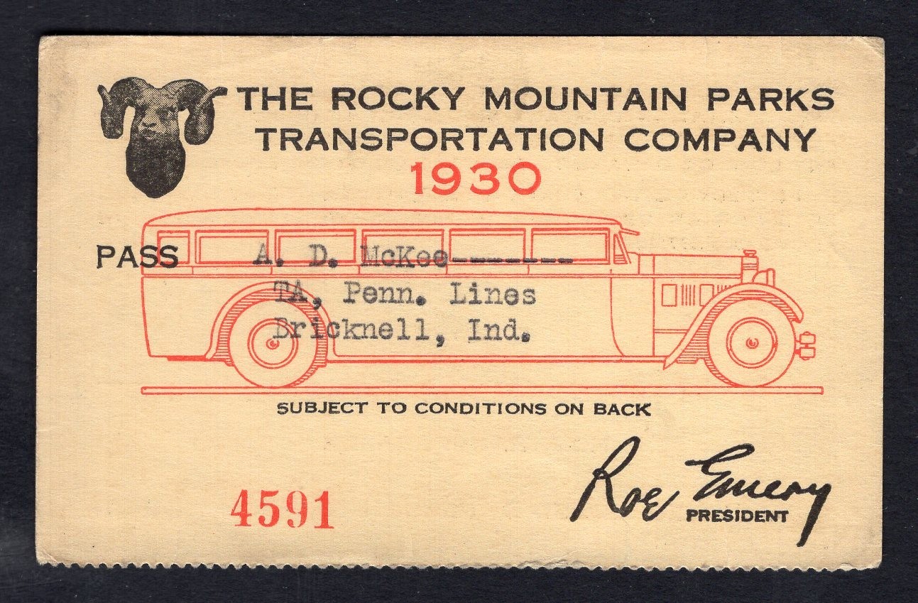USA Chicago 1930 The Rocky Mountain Parks Transportation Co Pass, Bus Ticket