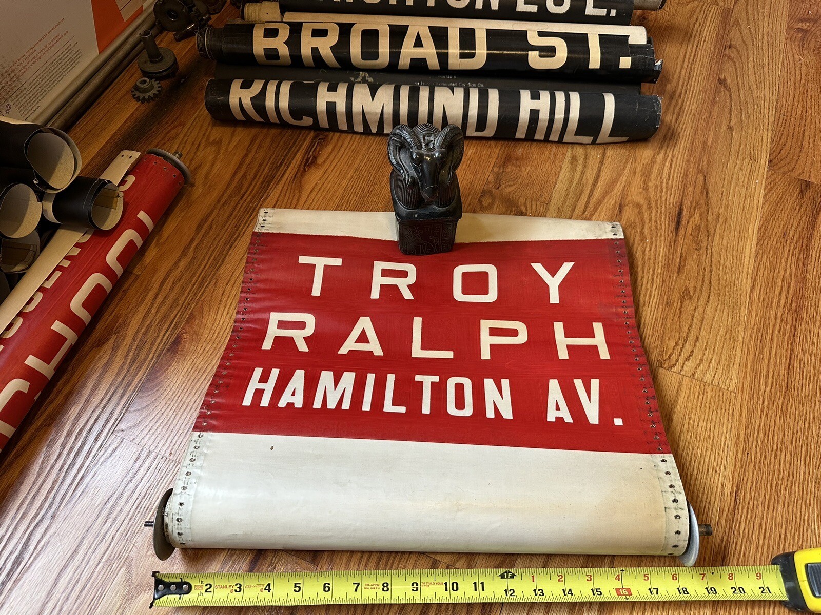 c1930 Brooklyn NYC Vintage BUS Roll Sign Troy Ralph Hamilton Ave W/Metal Roller