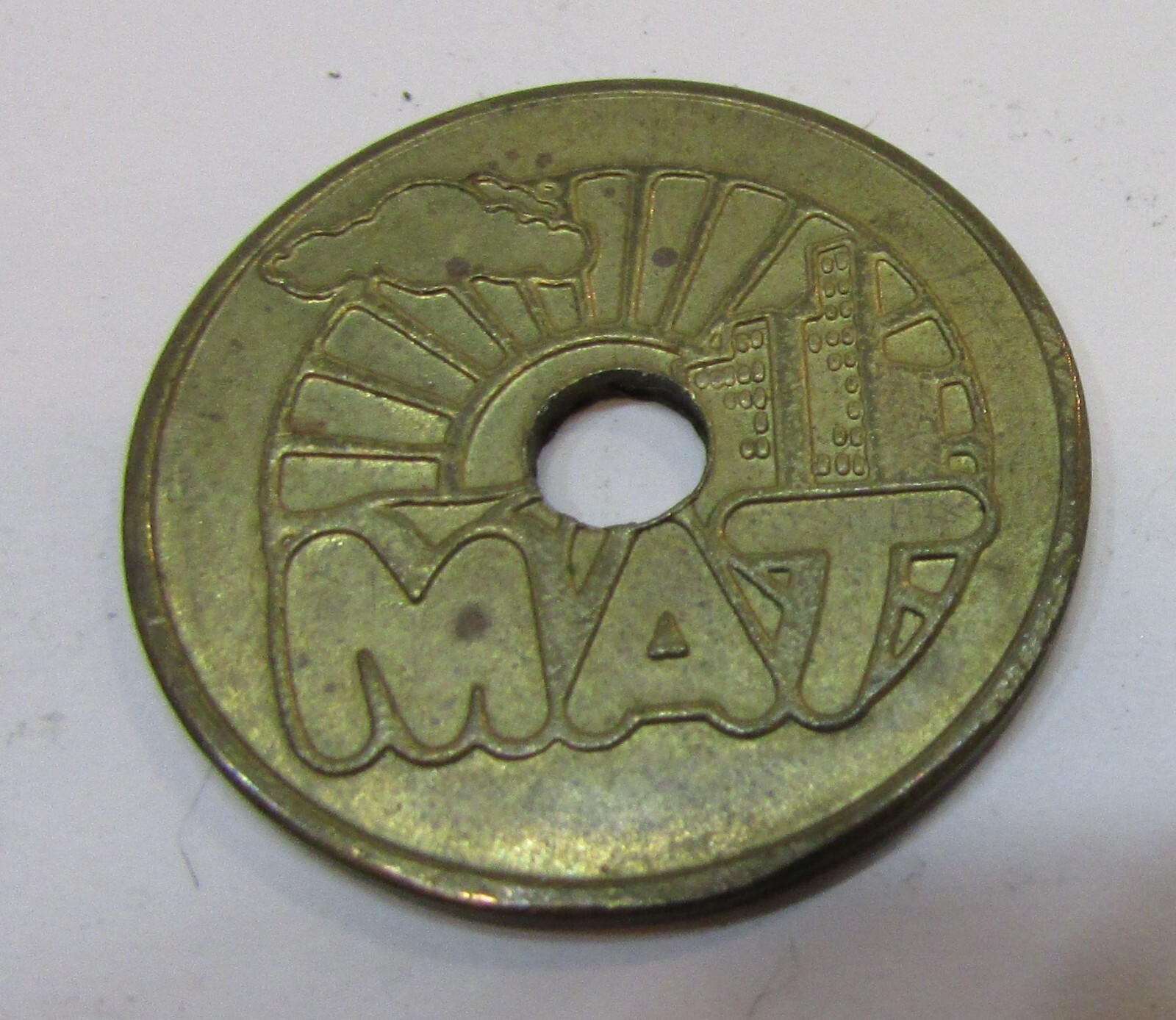 Vintage 1980 Moorhead MN Fargo ND 3/4″ dia w Hole MAT Bus Transit Brass Token