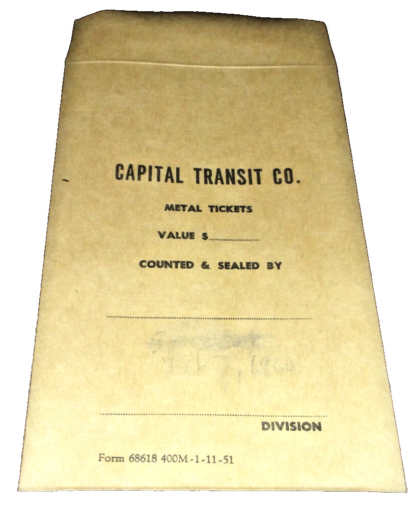 JANUARY 1951 CAPITAL TRANSIT WASHINGTON, DC METAL TICKET ENVELOPE