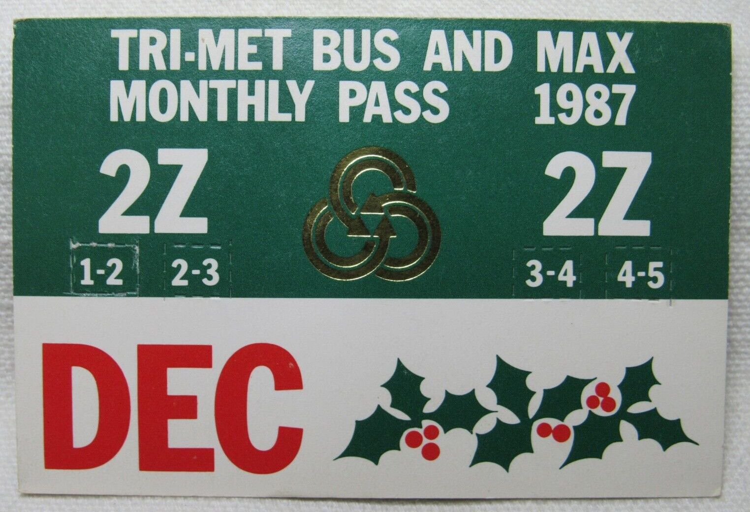 Vintage Tri-Met Bus & Max Light Rail Dec 1987 Monthly Pass Portland Oregon OR