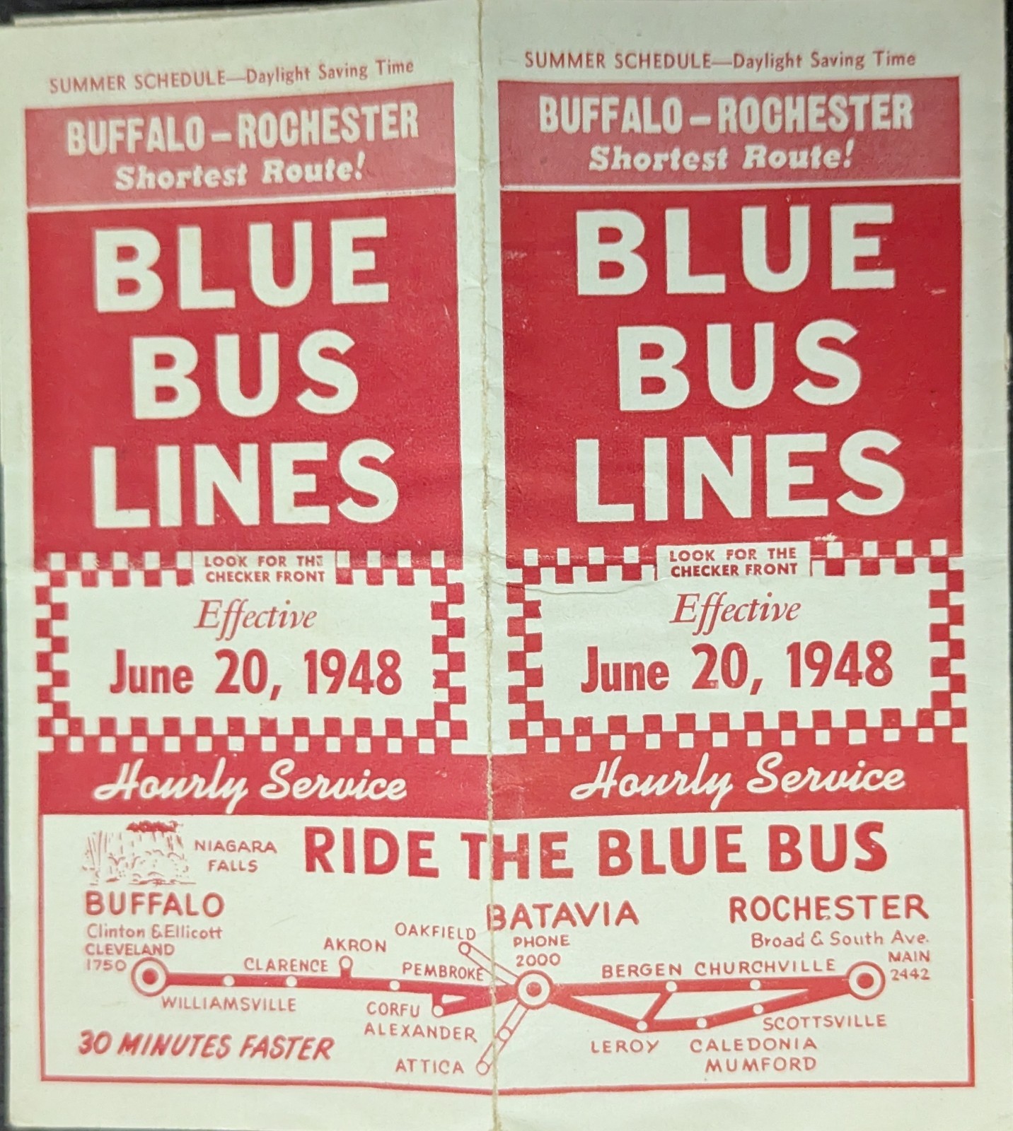 ***VINTAGE 1948 BLUE BUS LINES SUMMER SCHEDULE TIME TABLE***BUFFALO-ROCHESTER