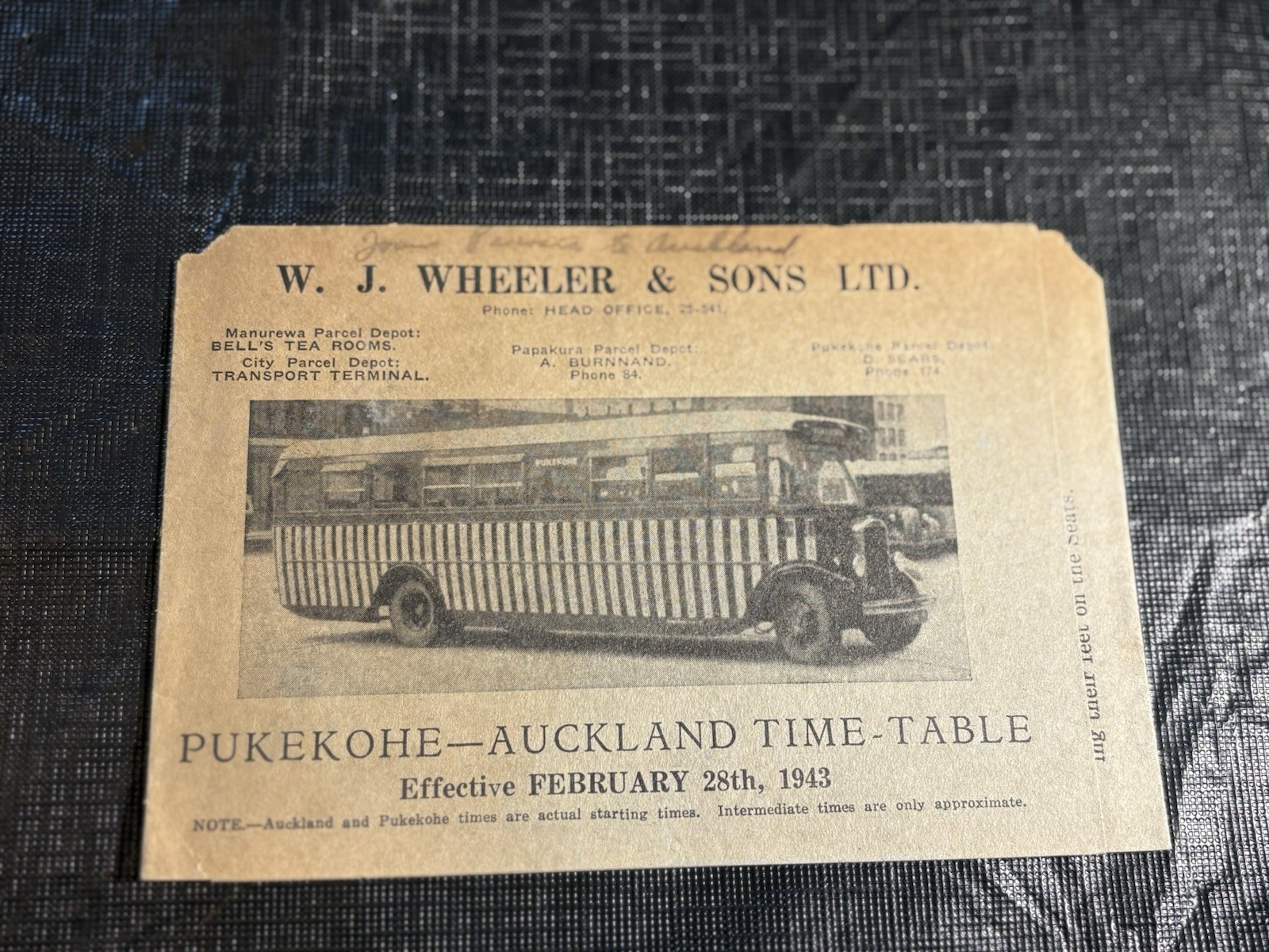 1943 Pukekohe- Auckland Bus Timetable Booklet – W.J. Wheeler & Sons Ltd.