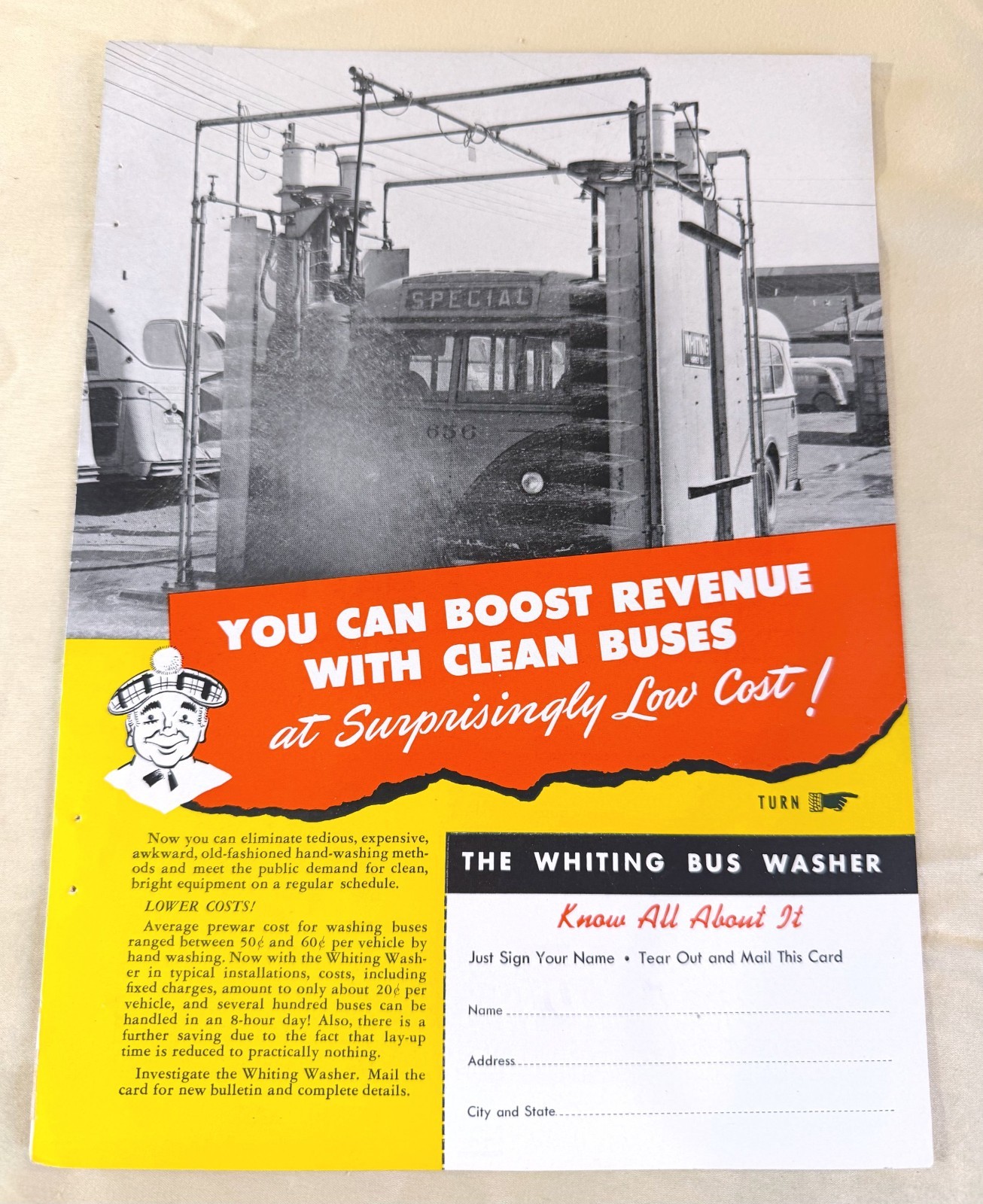 1950s advertisement Whiting Bus Washer postcard