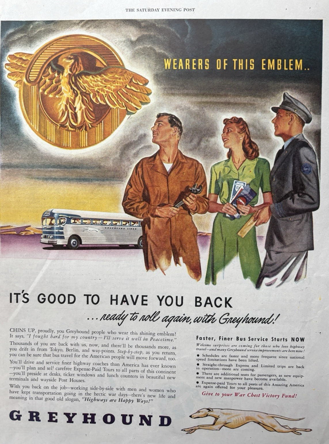 1944 Greyhound Bus Service WWII Era Wearers Emblem Travel Vintage Print Ad