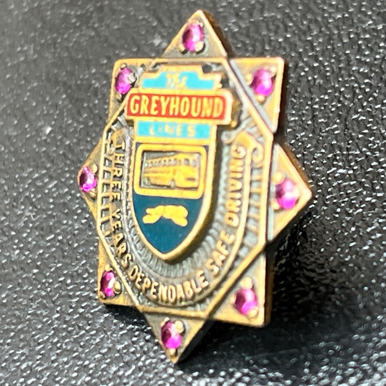 The Greyhound Lines Three Year Dependable Safe Driver Award Pin 8 Chip Rubies