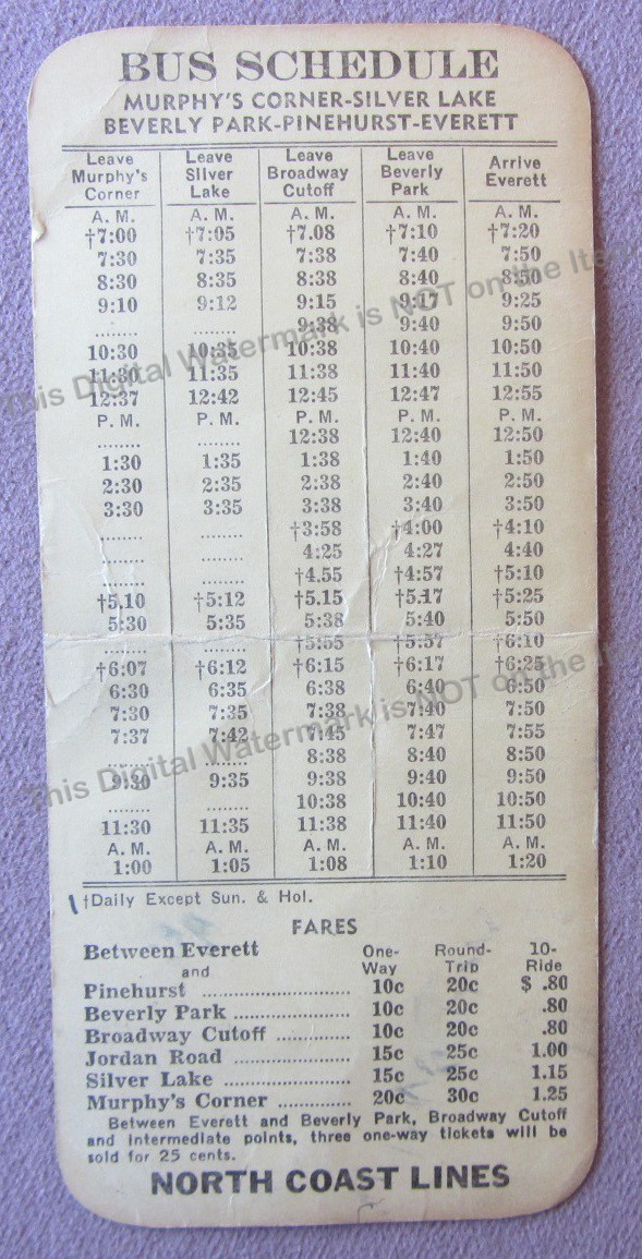 1943 North Coast Lines Bus Schedule Fares Everett WA Pinehurst Beverly Park +
