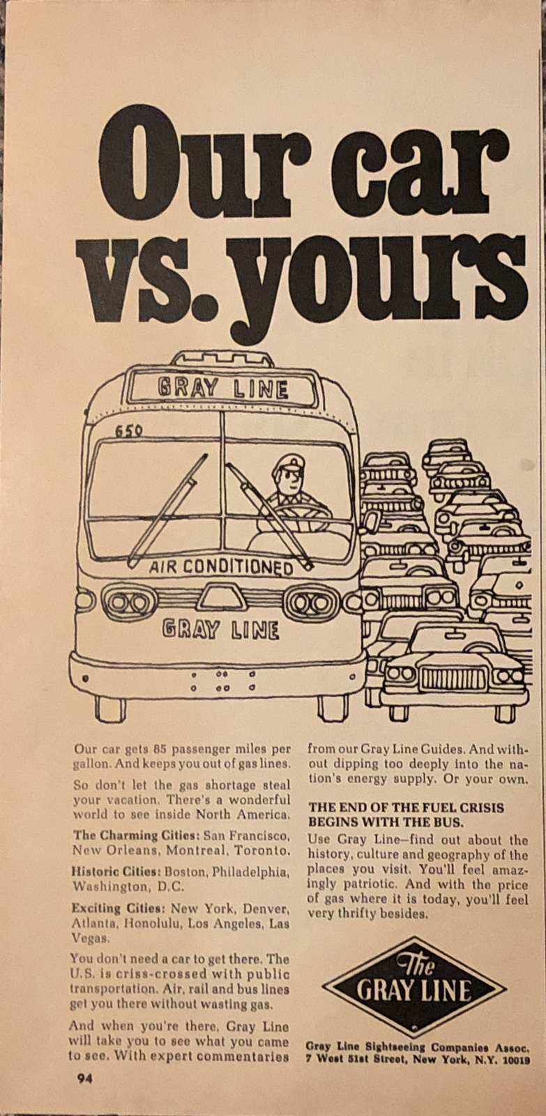 PRINT AD 1974 Gray Line Sightseeing Bus Public Transportation End Fuel Crisis
