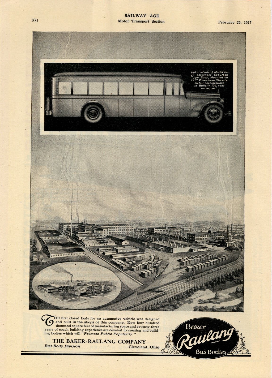 1927 Baker Raulang Bus Bodies Ad: Model 10 – 29 Pass. Suburban Type. Cleveland