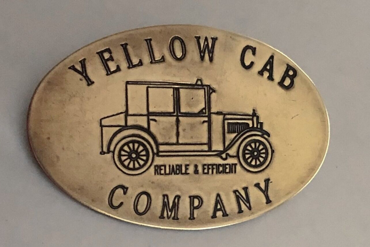 Vintage YELLOW CAB COMPANY BRASS BADGE; Reliable & Efficient; “C’ Clasp Design