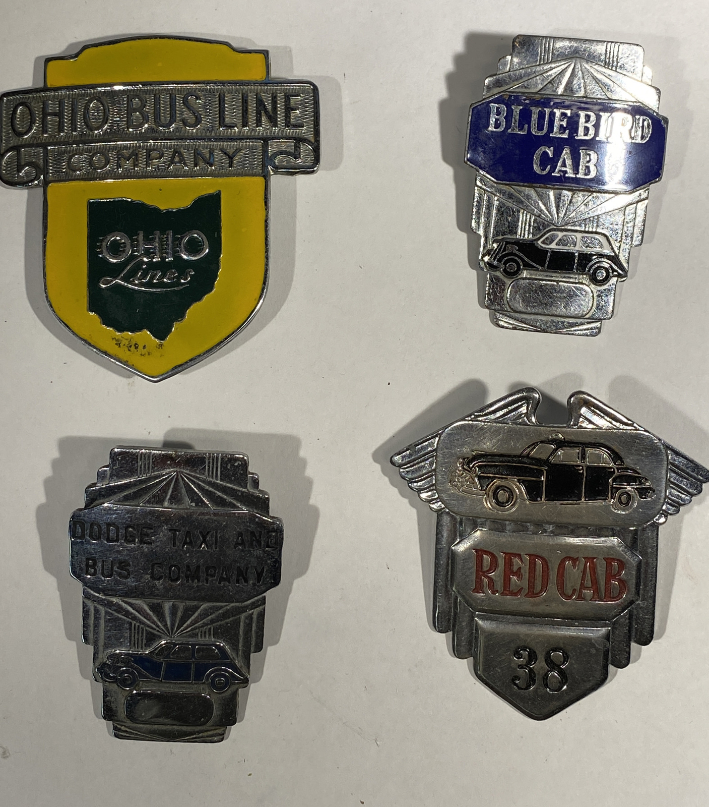 4 VINTAGE OHIO BUS LINE BLUE BIRD RED CAB DODGE TAXI BUS CO HAT BADGE EMBLEMS I5