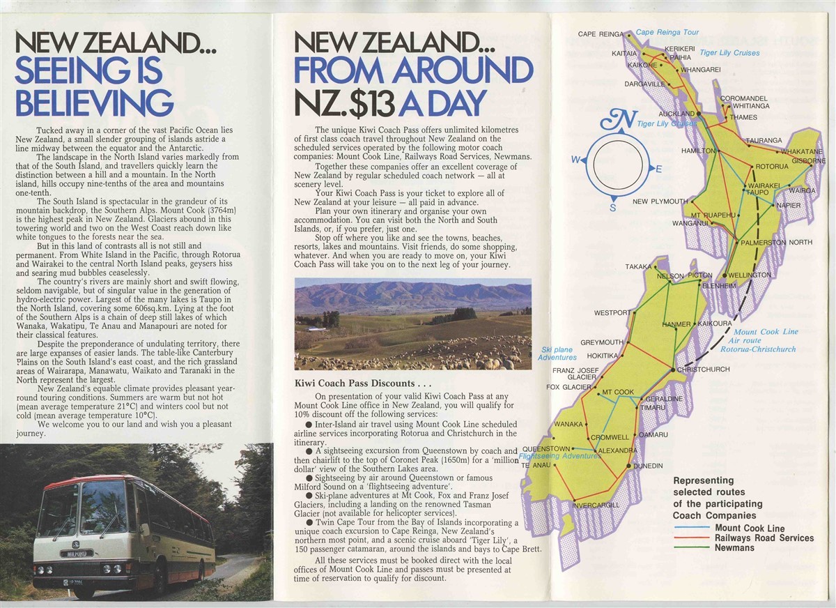 Kiwi Coach Pass Brochure Mount Cook Line New Zealand Unlimited Coach Travel 1985