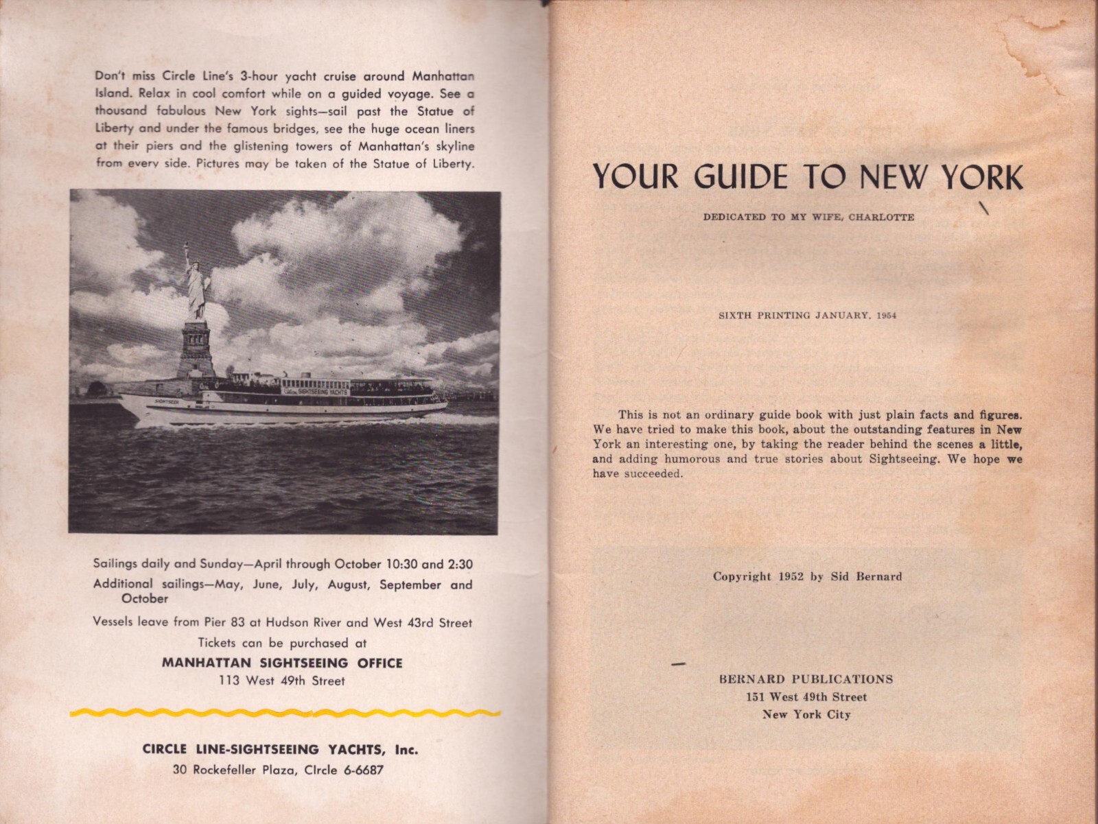1952 MANHATTAN SIGHTSEEING BUS TOURS BOOKLET: YOUR GUIDE TO NEW YORK CITY
