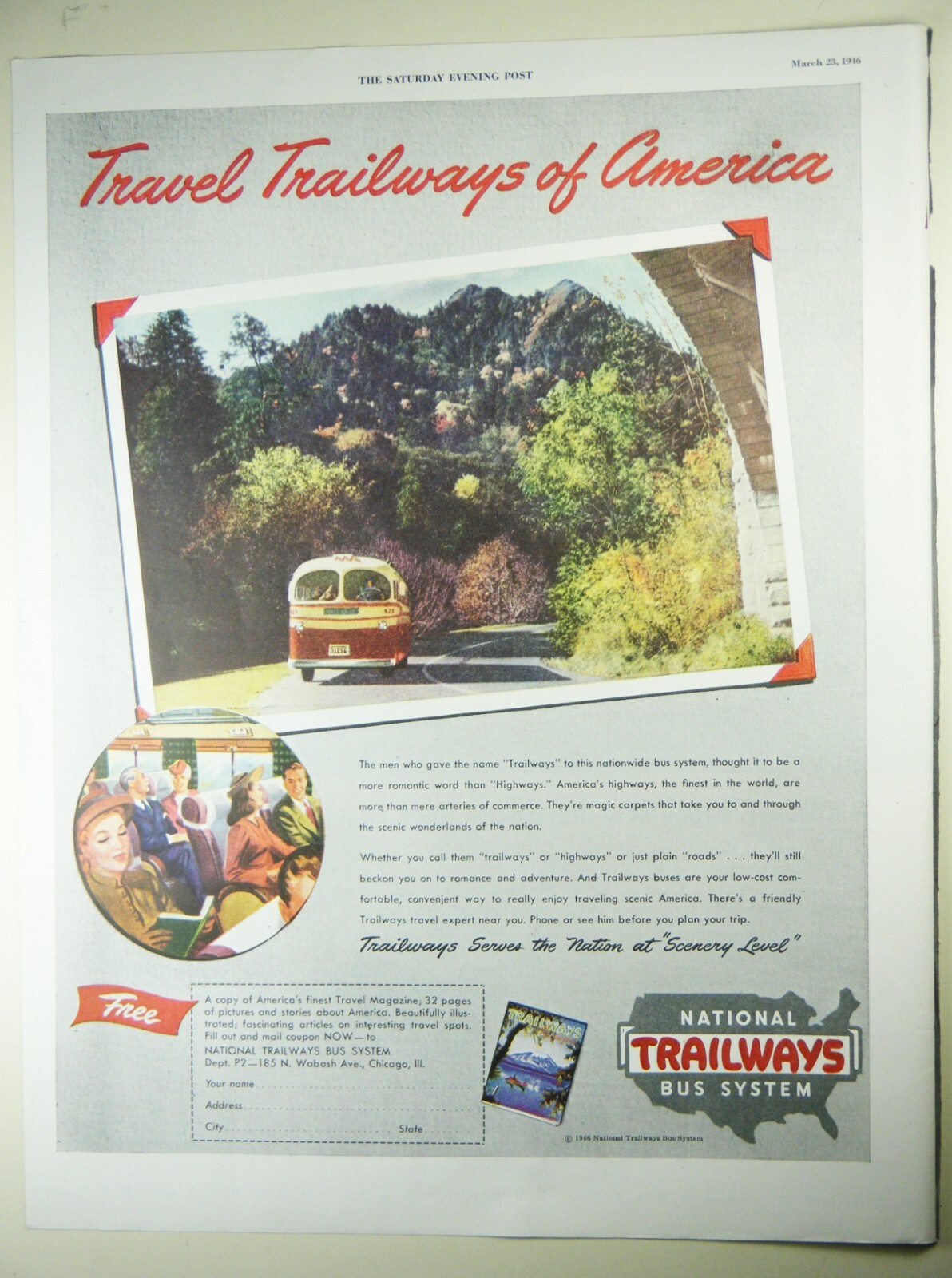 Vintage 1946 NATIONAL TRAILWAYS BUS LINES Lg Magazine Print Ad: TRAVEL AMERICA