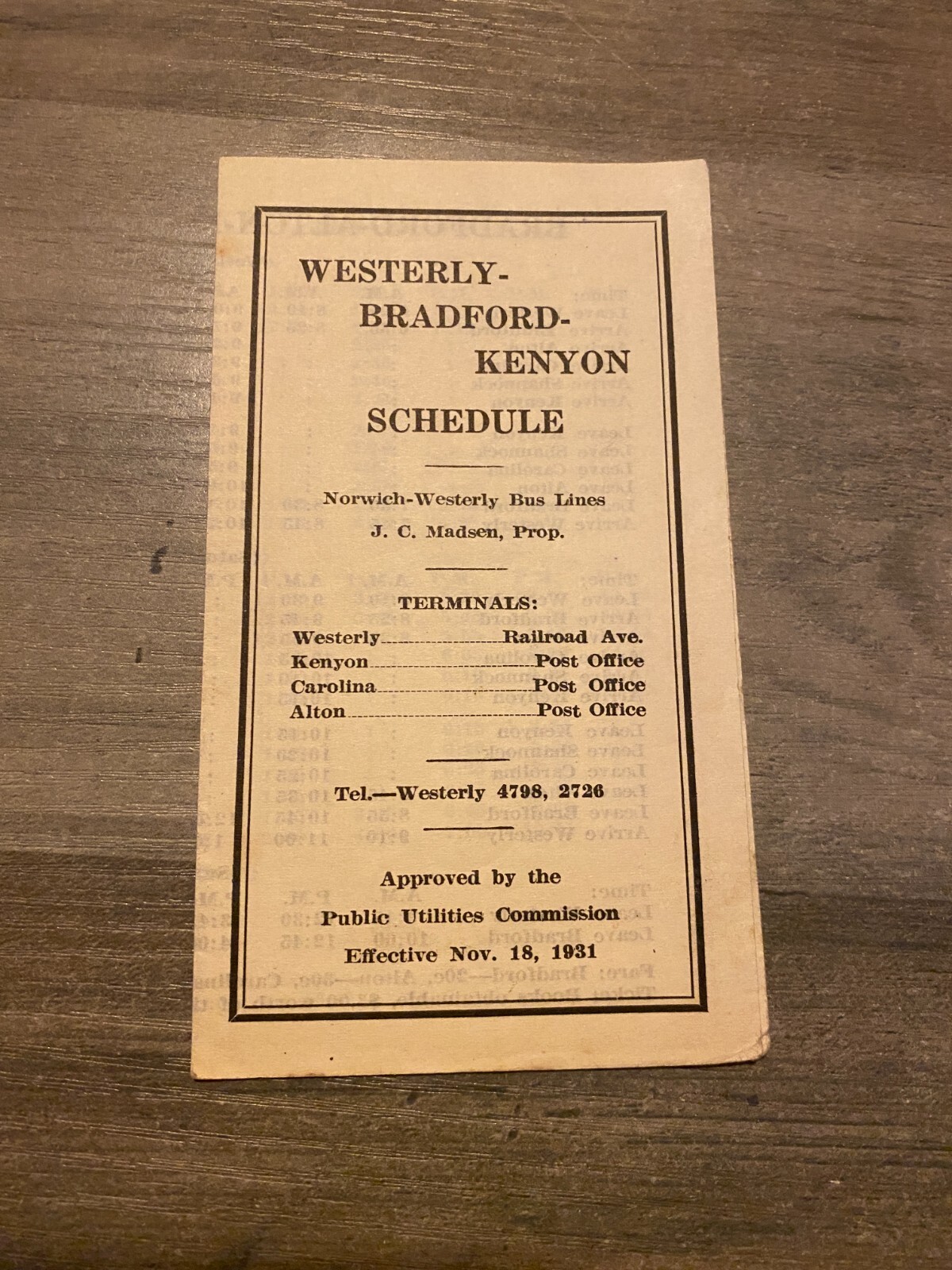 Westerly Bradford Kenyon Alton Bus Schedule 1931