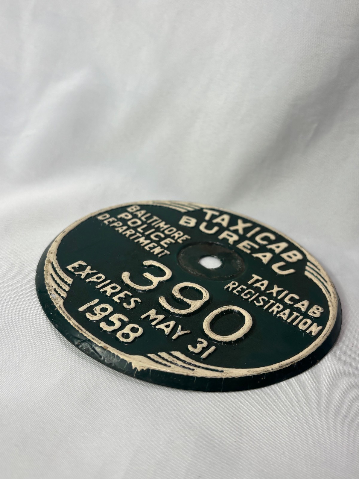 1958 Baltimore Police Department Taxicab Bureau #390 Metal Registration Plate