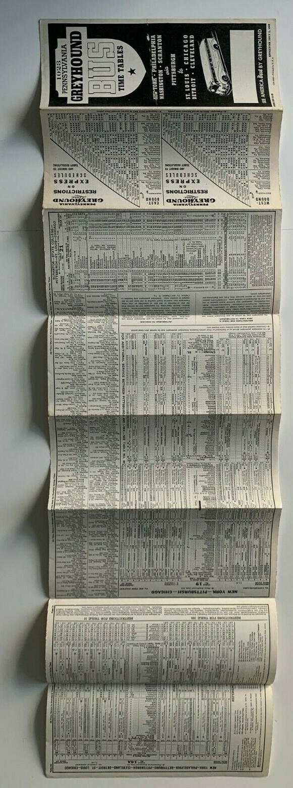 Vintage 1940 Pennsylvania Greyhound Bus Timetable Brochure fold-out schedule