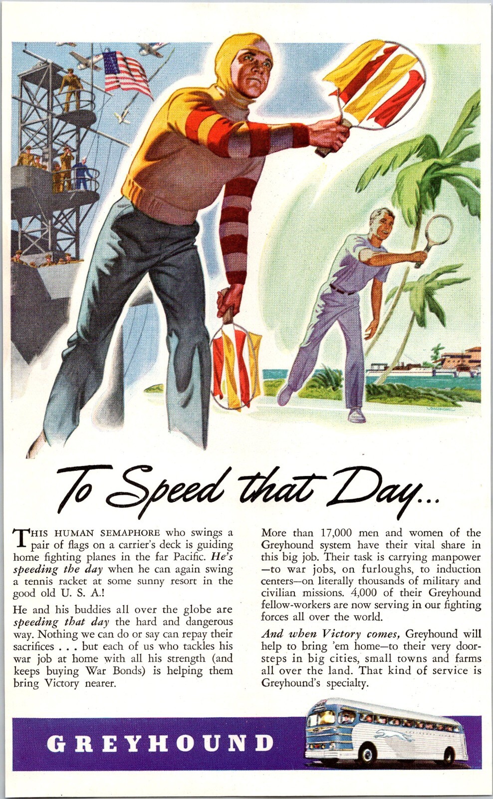 PRINT AD 1944 Greyhound Bus Line WWII Human Semaphore Guiding Planes 6×9
