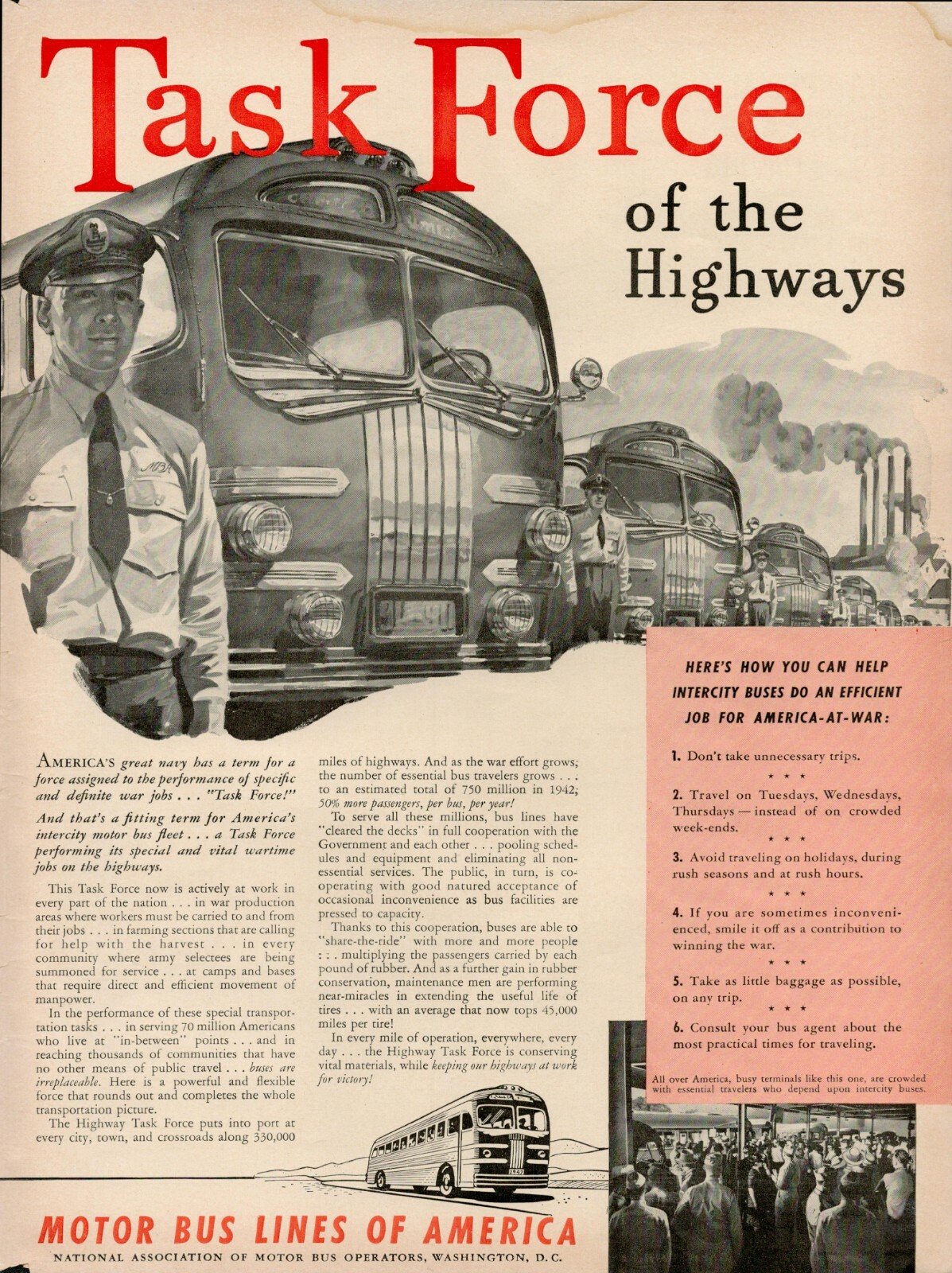 1942 Bus Motor Lines Automobile Car Vintage Old Print Ad War Task Force Highways