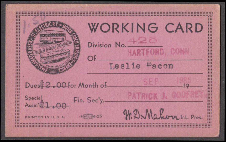 Amalgamated Street Railway Motor Coach Employees Working Card Hartford CT 9/1935